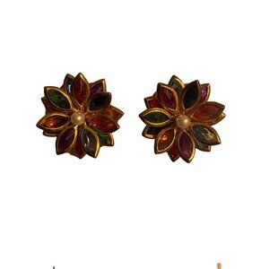 Vintage Multicolor Flower Clip On Earrings Faux Pearl Gold Tone 1" Estate 10g